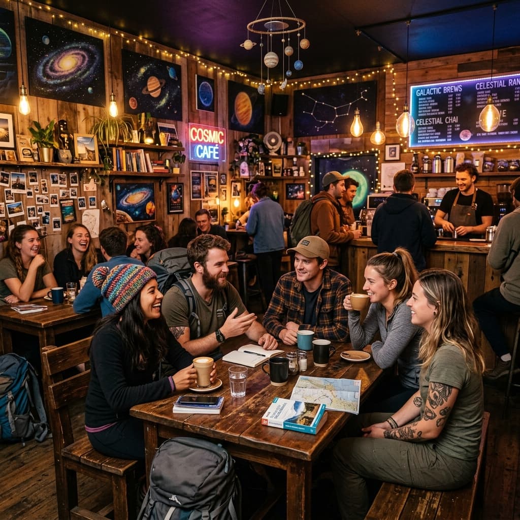 Travelers socializing at Nebula Cafe
